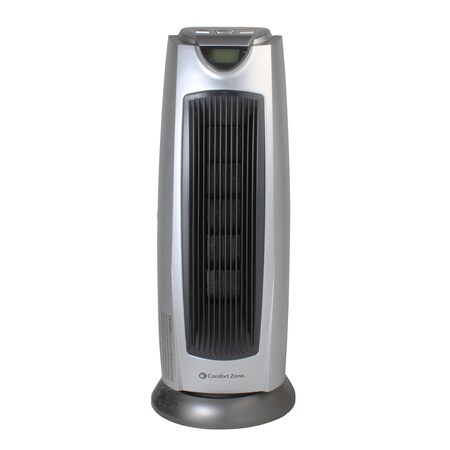 Comfort Zone Oscillating Ceramic Tower Heater with Remote, 2 Settings, Siver White CZ499R
